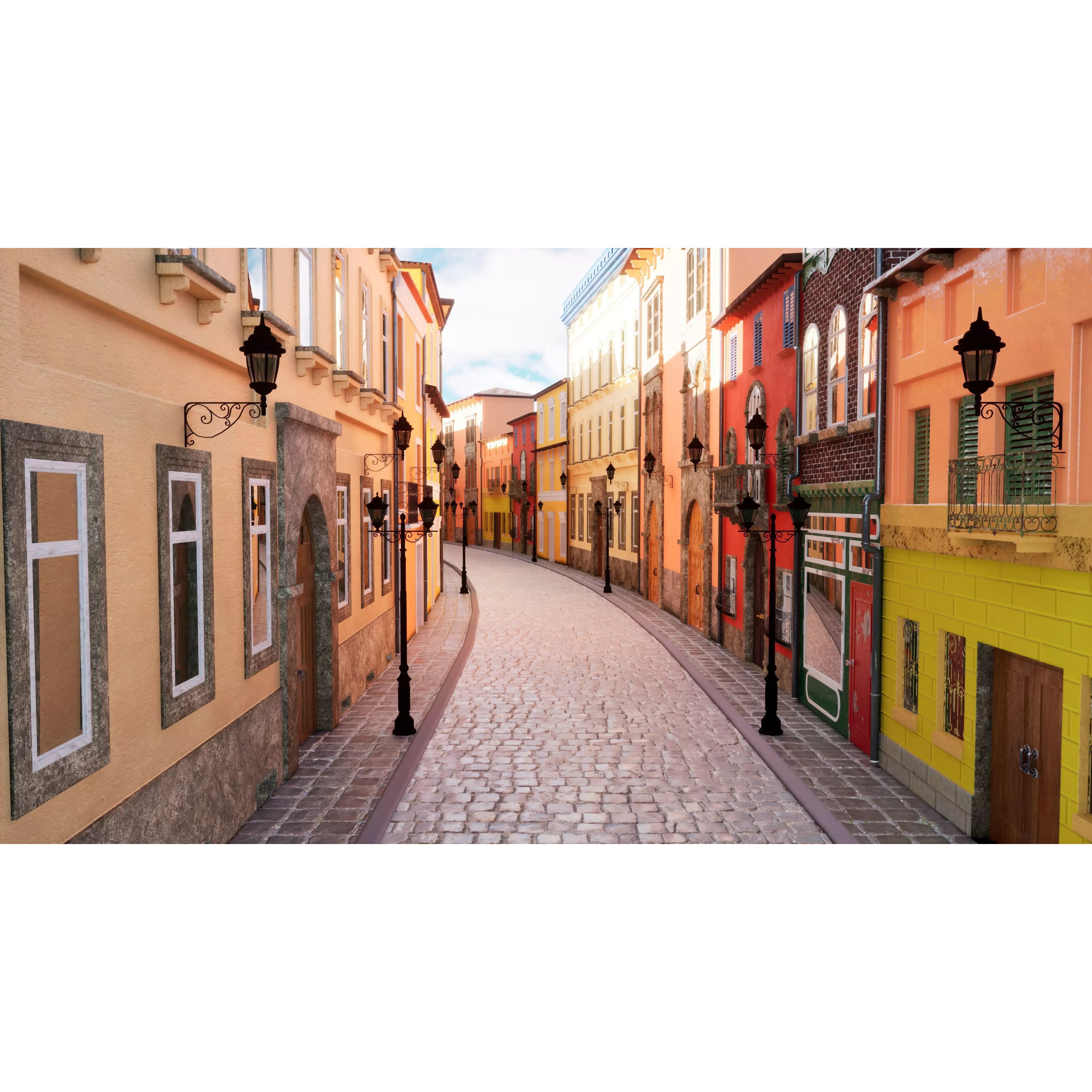 European City Street Scene - Low-Poly Game-Ready 3D Model - View 7