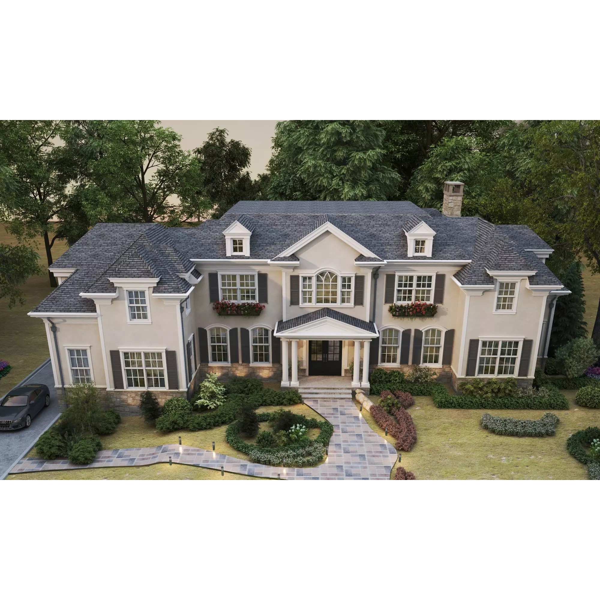 American Luxury Villa Exterior - Low-Poly 3D Model - View 3