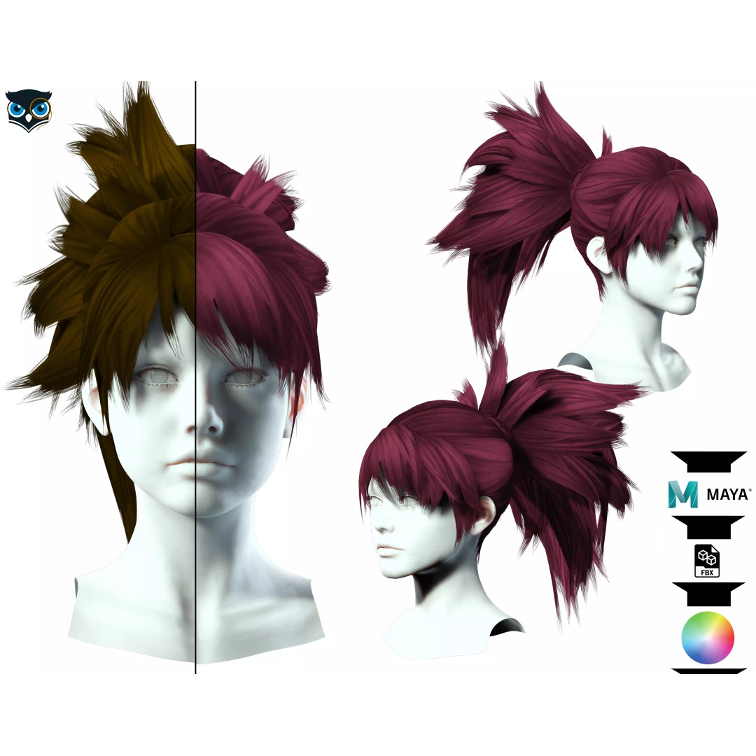 Female Hair 3D Model – Low Poly High Ponytail, FBX, Game Ready - View 2