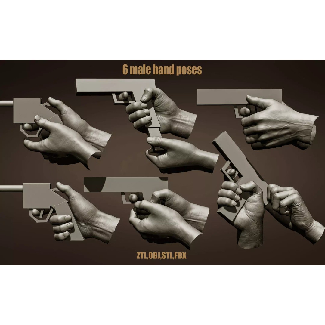 Male Hand Poses 3D Model – Realistic Shooting Poses, ZBrush, FBX, OBJ - View 2