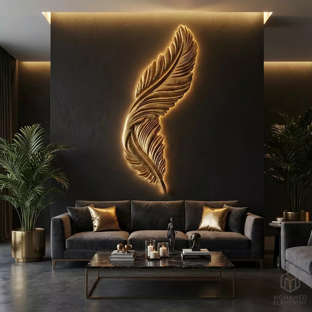 Feather Relief Panel 3D Model – Elegant Wall Decor for CNC & 3D Printing - View 3