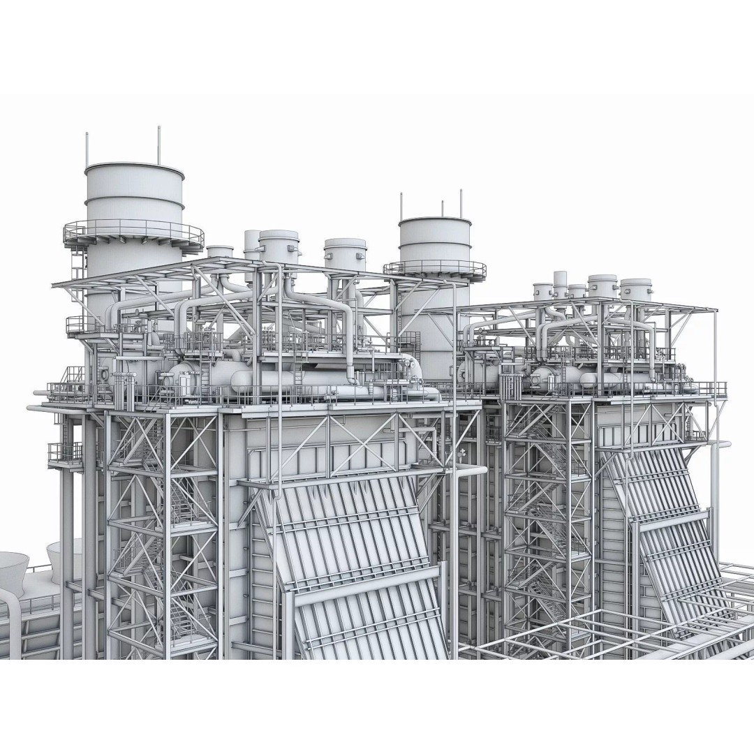 Gas Turbine Plant 3D Model – Low Poly Industrial Structure, FBX, OBJ - View 14
