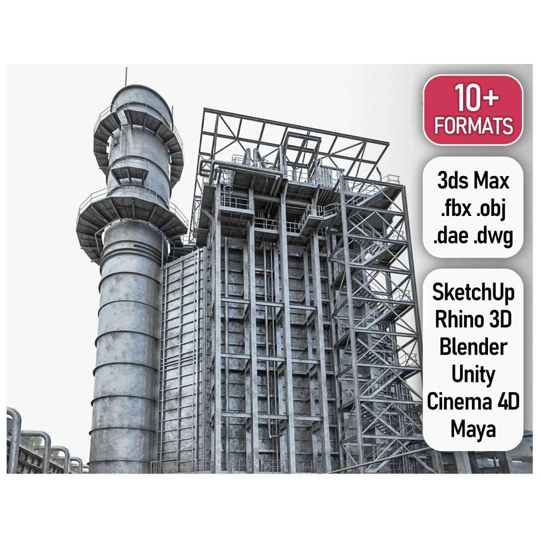 Gas Turbine Plant 3D Model – Low Poly Industrial Structure, FBX, OBJ - View 2