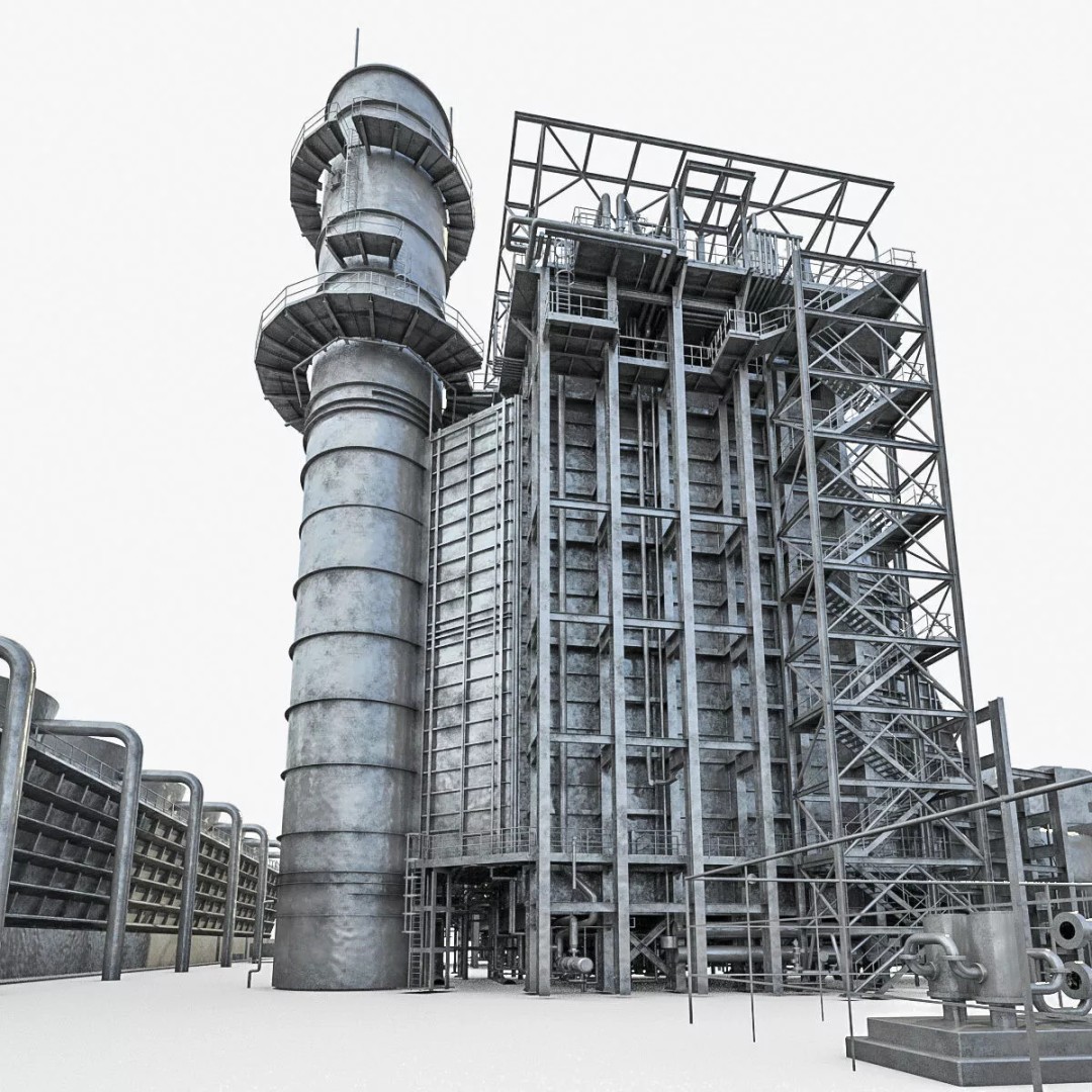 Gas Turbine Plant 3D Model – Low Poly Industrial Structure, FBX, OBJ - View 3