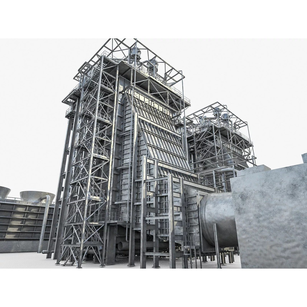 Gas Turbine Plant 3D Model – Low Poly Industrial Structure, FBX, OBJ - View 6