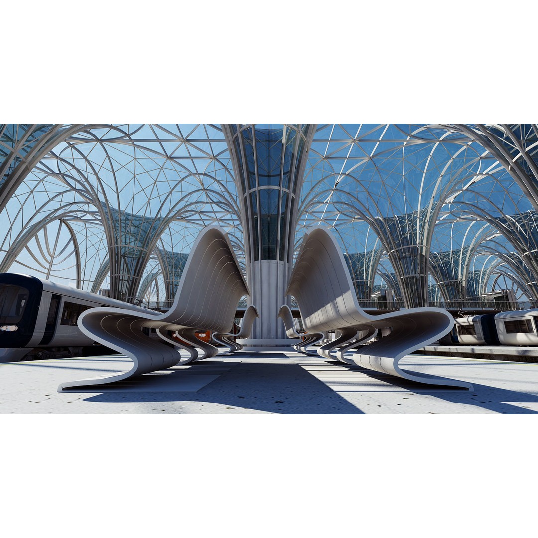Modern Train Station Interior 3D Model – Futuristic Design, FBX - View 3