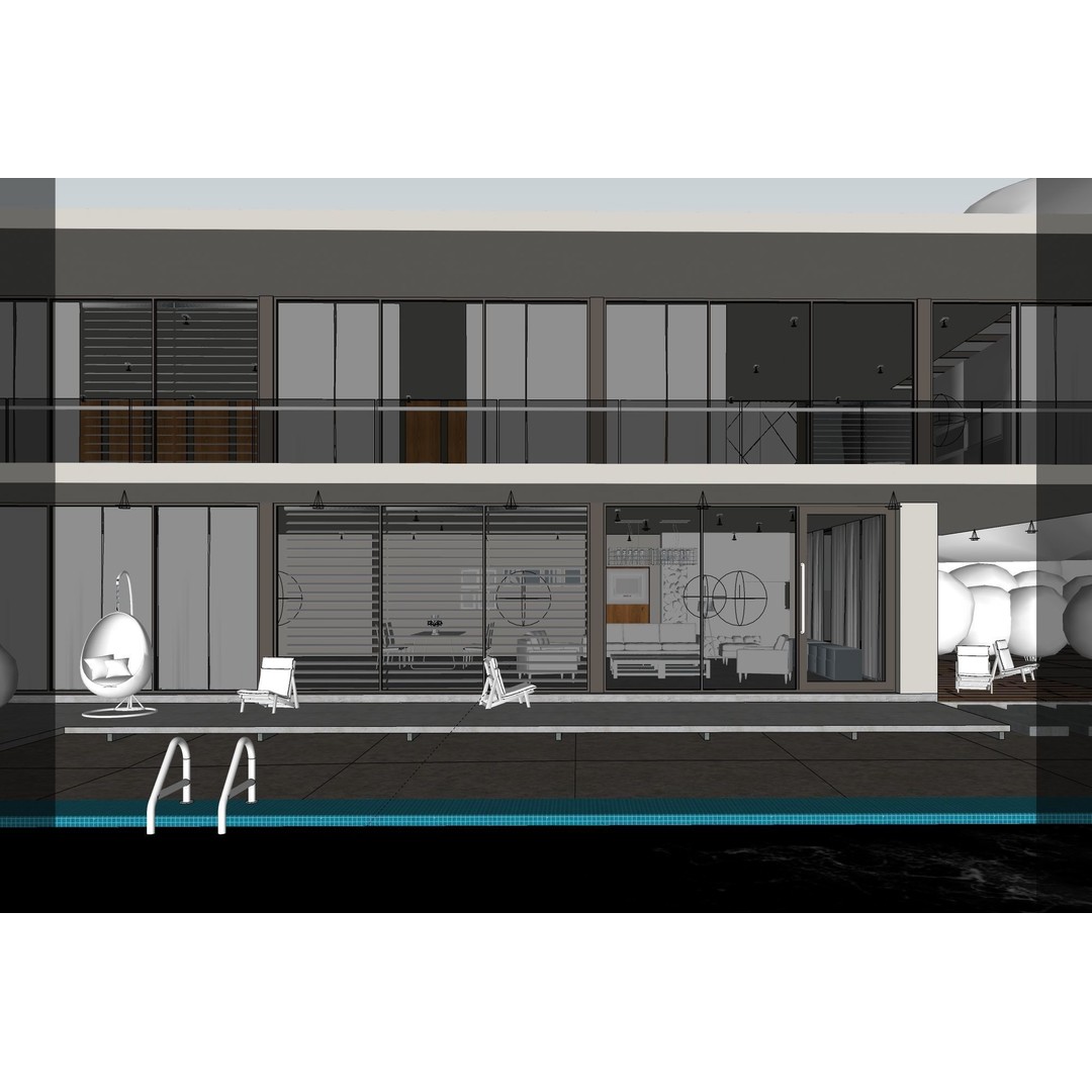 Modern House 3D Model – Exterior Scene with Evening Lighting, SketchUp & V-Ray - View 10