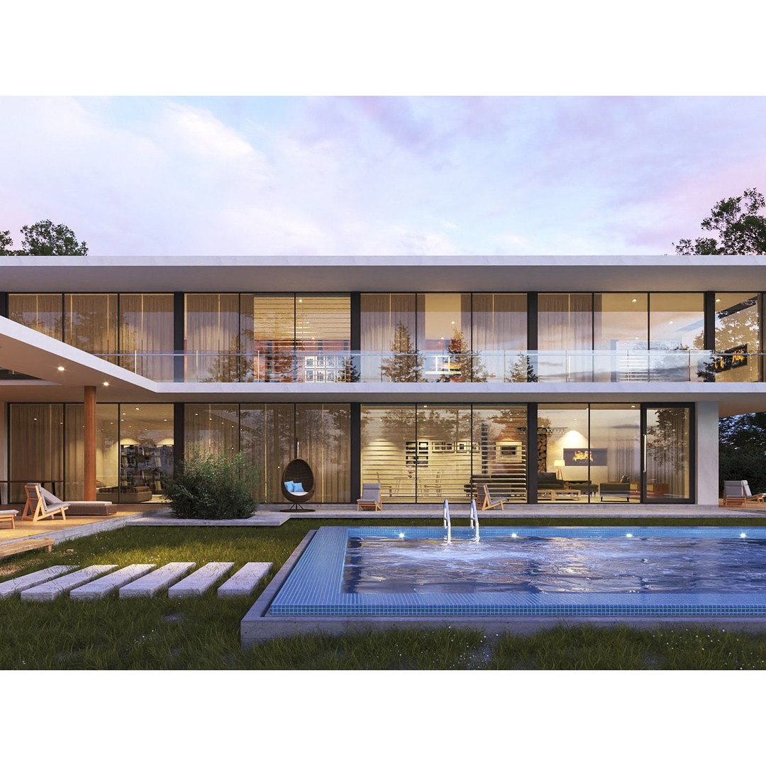 Modern House 3D Model – Exterior Scene with Evening Lighting, SketchUp & V-Ray - View 3