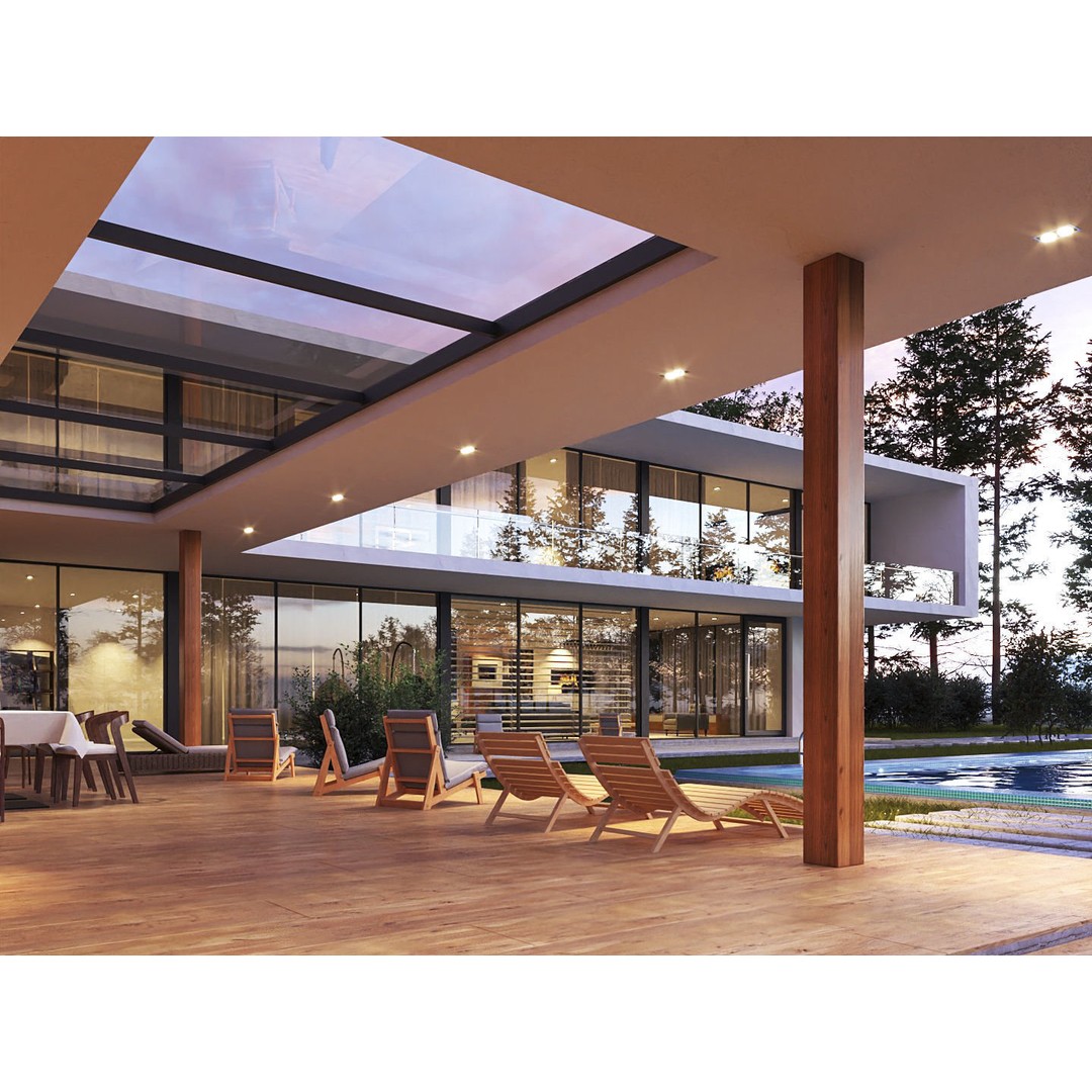 Modern House 3D Model – Exterior Scene with Evening Lighting, SketchUp & V-Ray - View 4