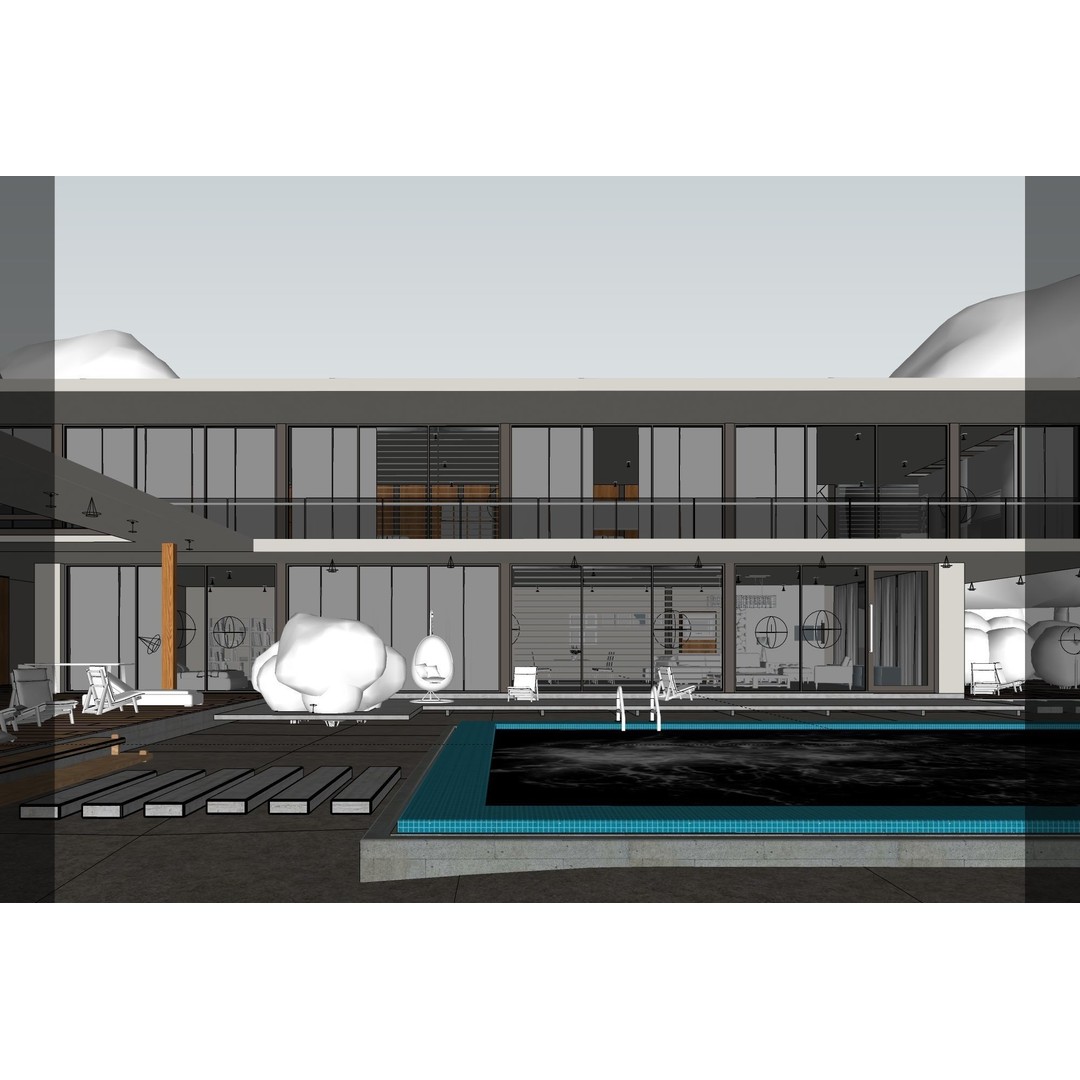 Modern House 3D Model – Exterior Scene with Evening Lighting, SketchUp & V-Ray - View 7