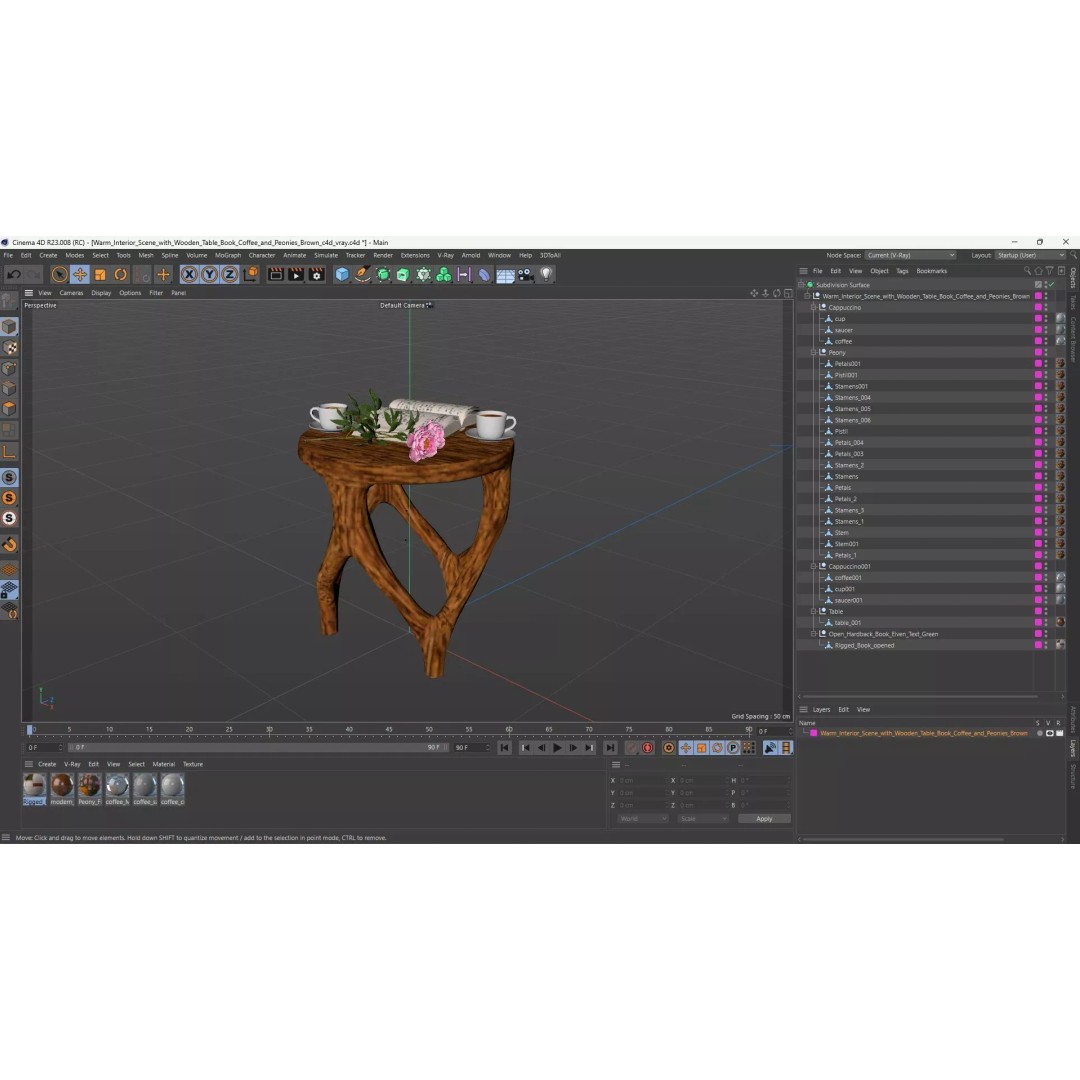 Warm Interior Scene 3D Model – Cozy Wooden Table with Coffee and Peonies