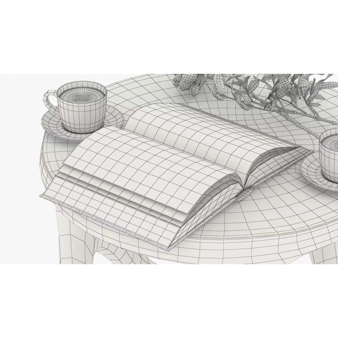 Warm Interior Scene 3D Model – Cozy Wooden Table with Coffee and Peonies - View 15