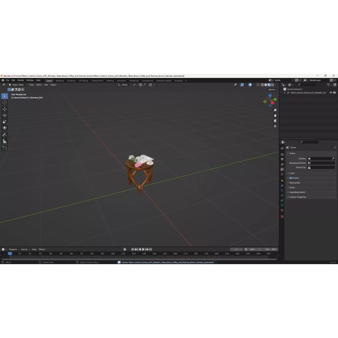 Warm Interior Scene 3D Model – Cozy Wooden Table with Coffee and Peonies - View 19
