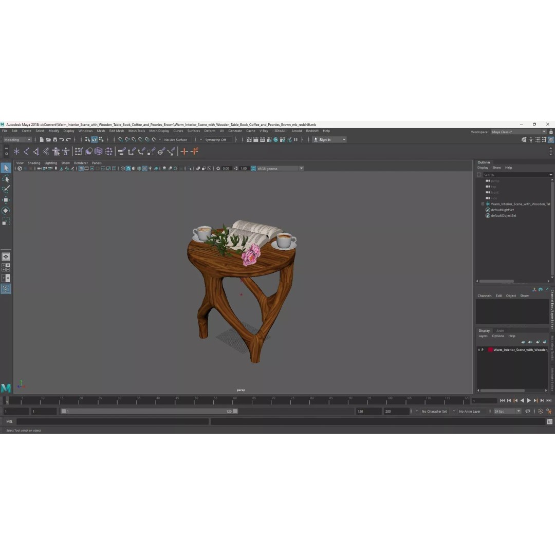 Warm Interior Scene 3D Model – Cozy Wooden Table with Coffee and Peonies - View 20