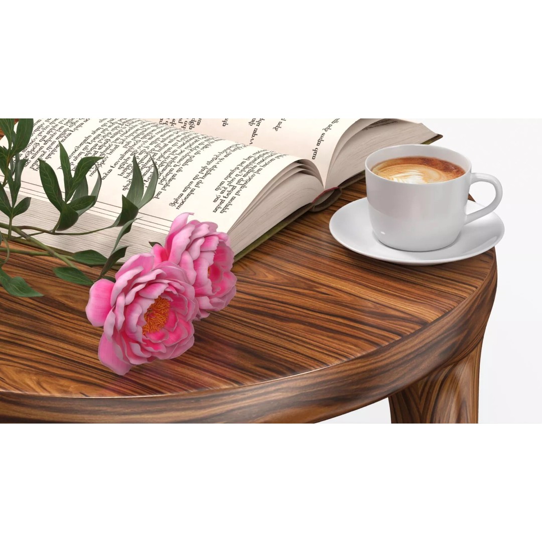 Warm Interior Scene 3D Model – Cozy Wooden Table with Coffee and Peonies - View 6