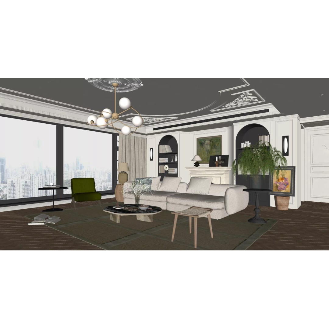 French Retro Style Living Room 3D Model – PBR Textures, Game-Ready Formats - View 9