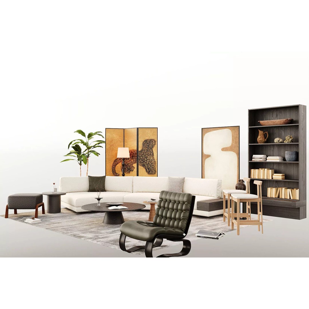 Wabi-Sabi Villa Living Room 3D Model – Modern Interior, PBR Textures - View 2