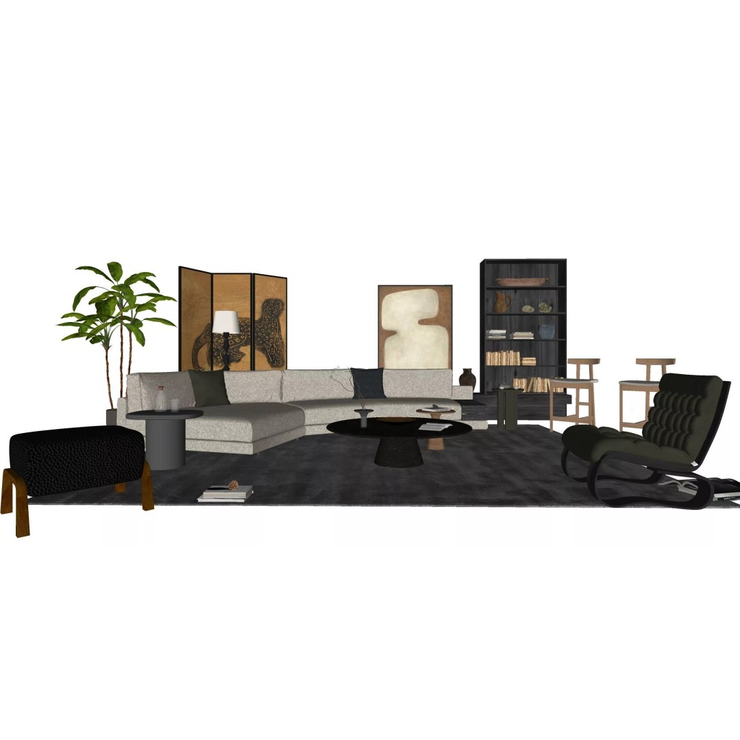 Wabi-Sabi Villa Living Room 3D Model – Modern Interior, PBR Textures - View 5