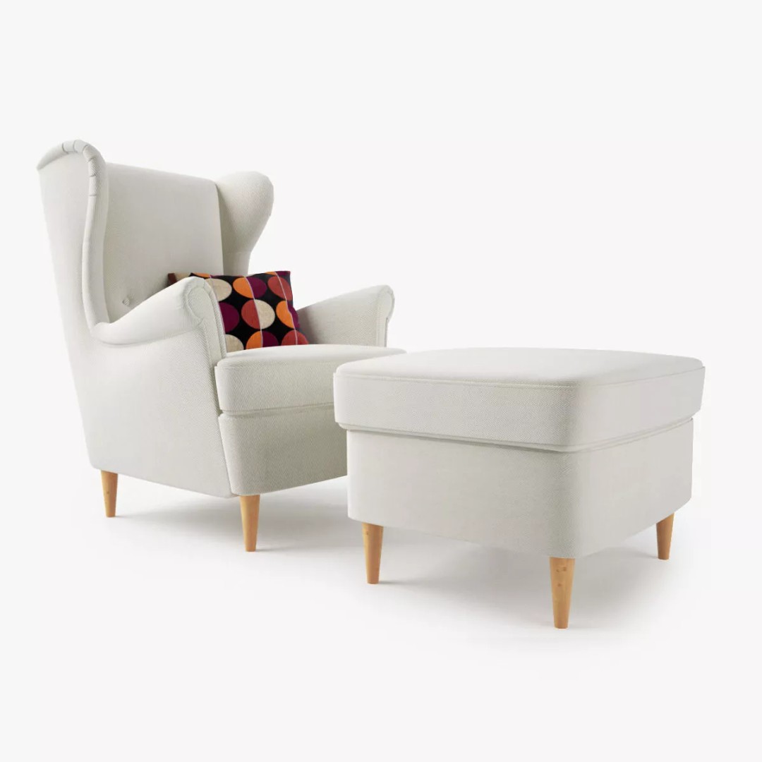 Wingback Chair 3D Model – Modern Seating with Footstool, FBX & OBJ - View 3