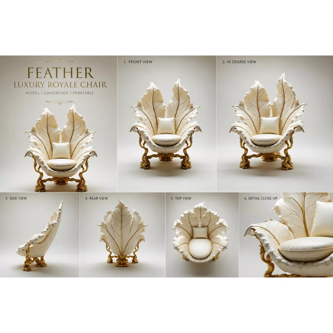 Feather Luxury Royale Chair 3D Model – Ornamental Furniture Asset, FBX