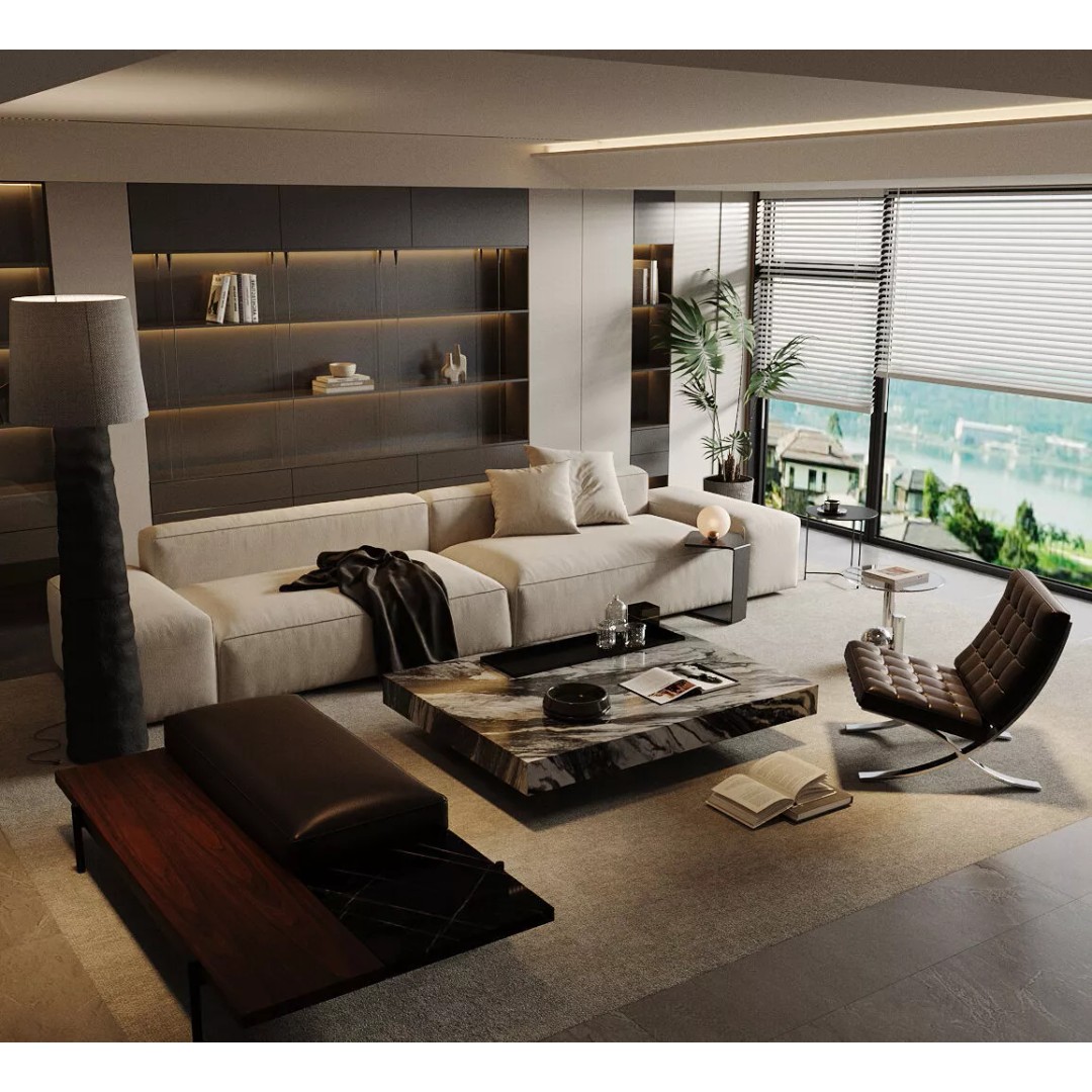 Italian Style Light Luxury Living Room 3D Model – PBR Textures, FBX, OBJ - View 2