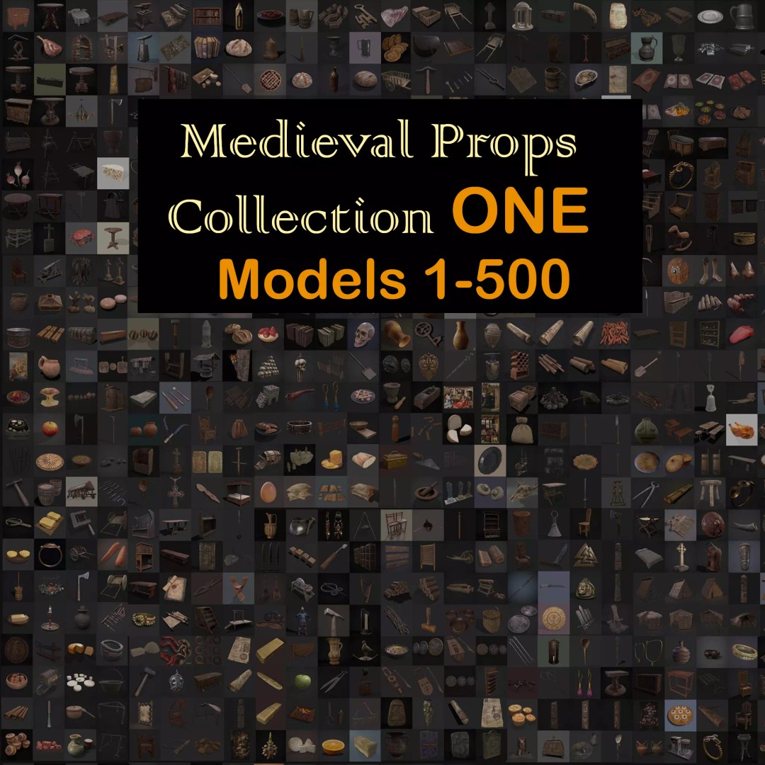 Medieval Props 3D Model – Low Poly Collection, FBX & OBJ Formats - View 2