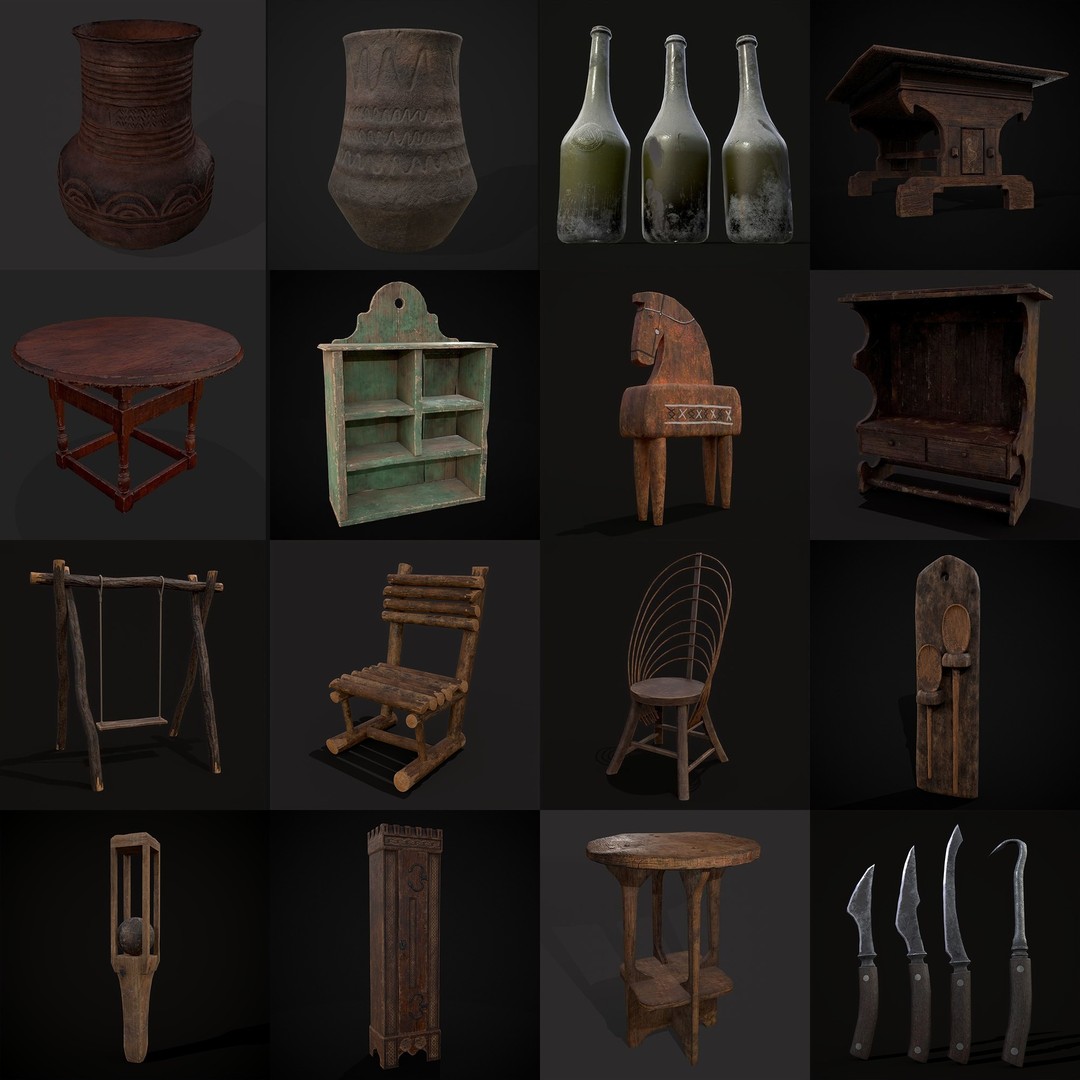 Medieval Props 3D Model – Low Poly Collection, FBX & OBJ Formats - View 3
