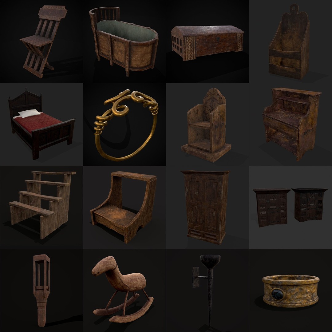 Medieval Props 3D Model – Low Poly Collection, FBX & OBJ Formats - View 4