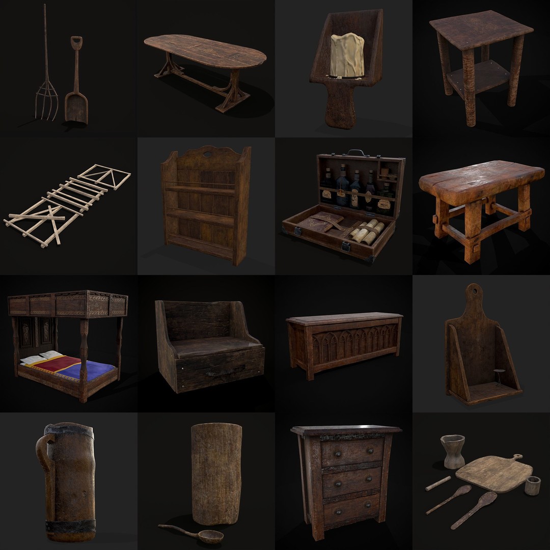 Medieval Props 3D Model – Low Poly Collection, FBX & OBJ Formats - View 5