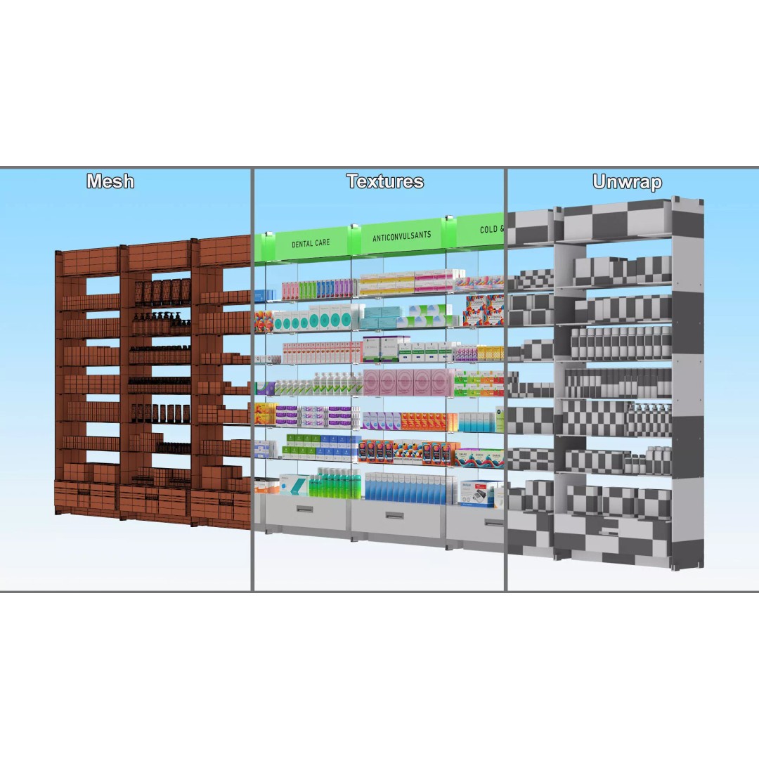 Pharmacy Shelf Unit 3D Model – Retail Display Glass Organizer, FBX - View 13