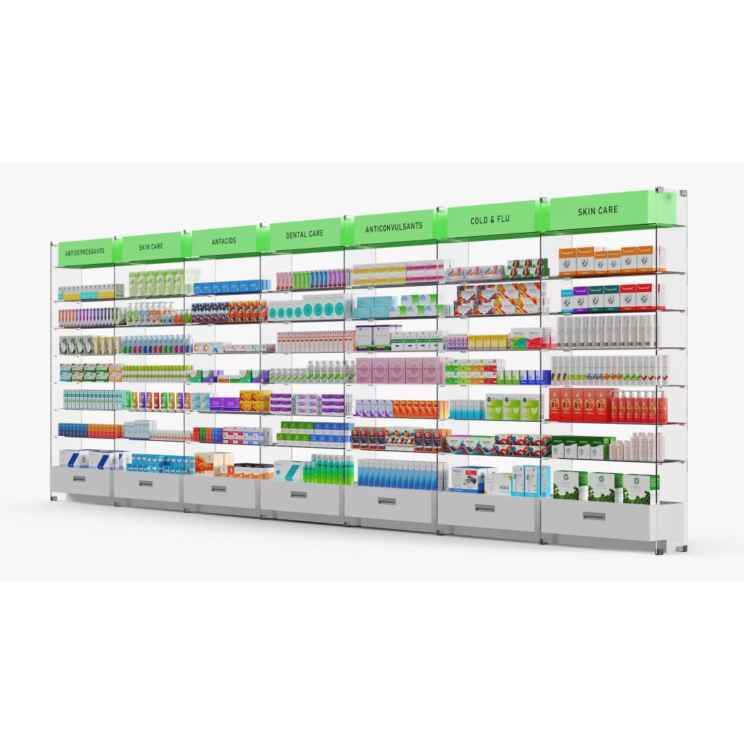 Pharmacy Shelf Unit 3D Model – Retail Display Glass Organizer, FBX - View 2