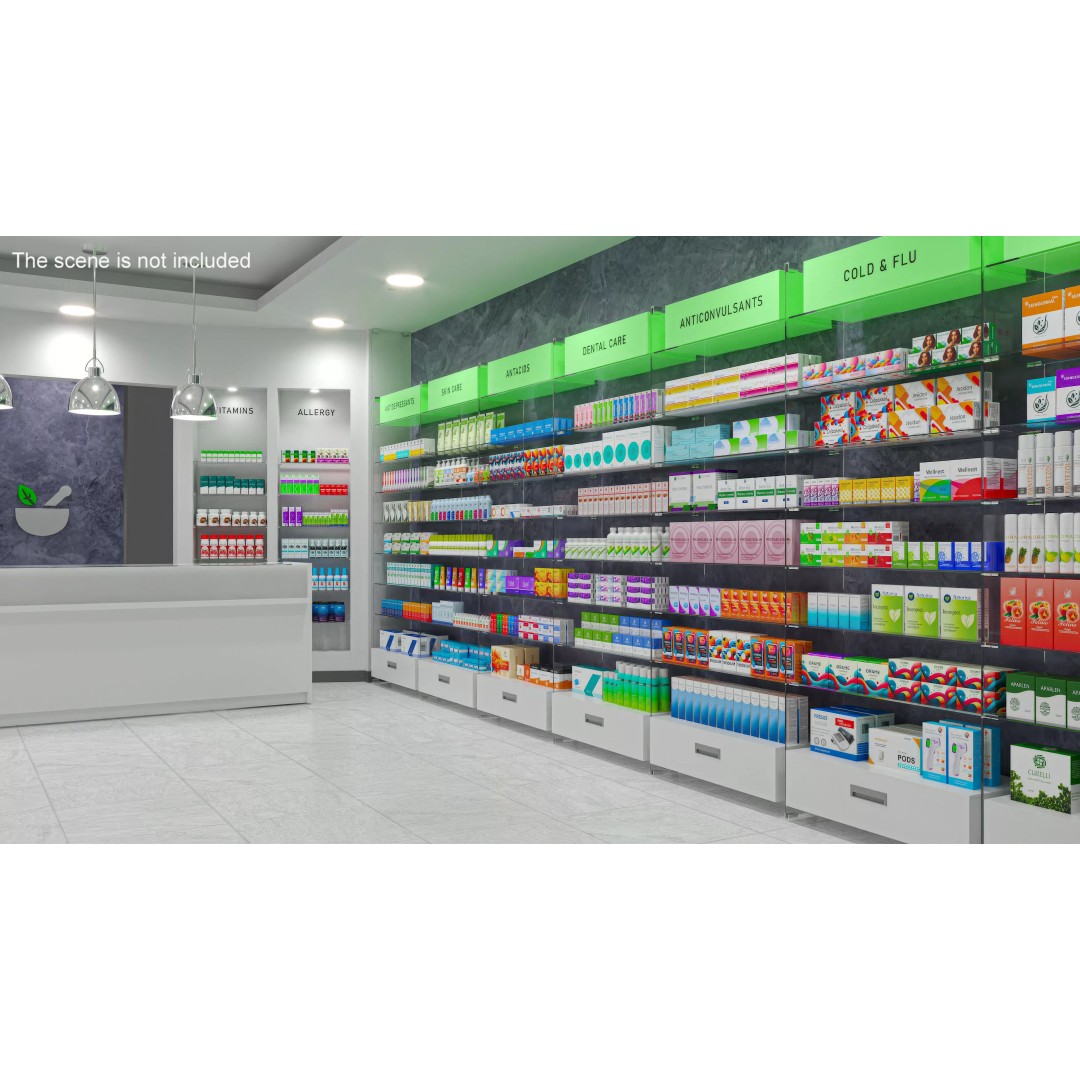 Pharmacy Shelf Unit 3D Model – Retail Display Glass Organizer, FBX - View 3