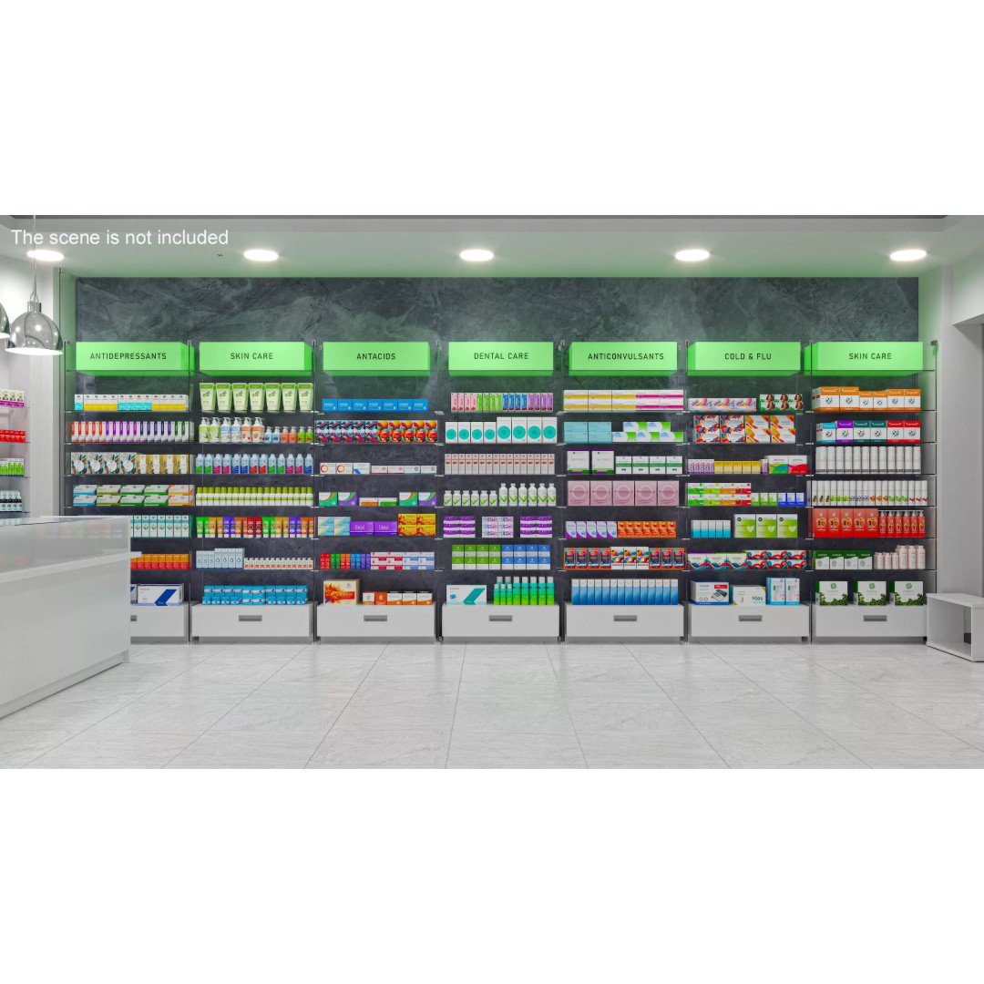 Pharmacy Shelf Unit 3D Model – Retail Display Glass Organizer, FBX - View 4