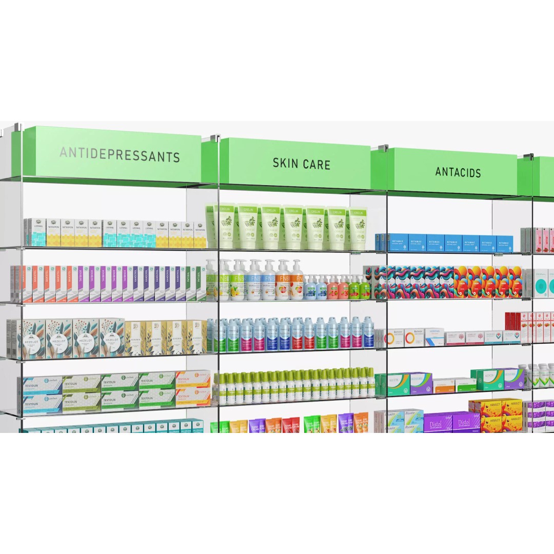 Pharmacy Shelf Unit 3D Model – Retail Display Glass Organizer, FBX - View 7