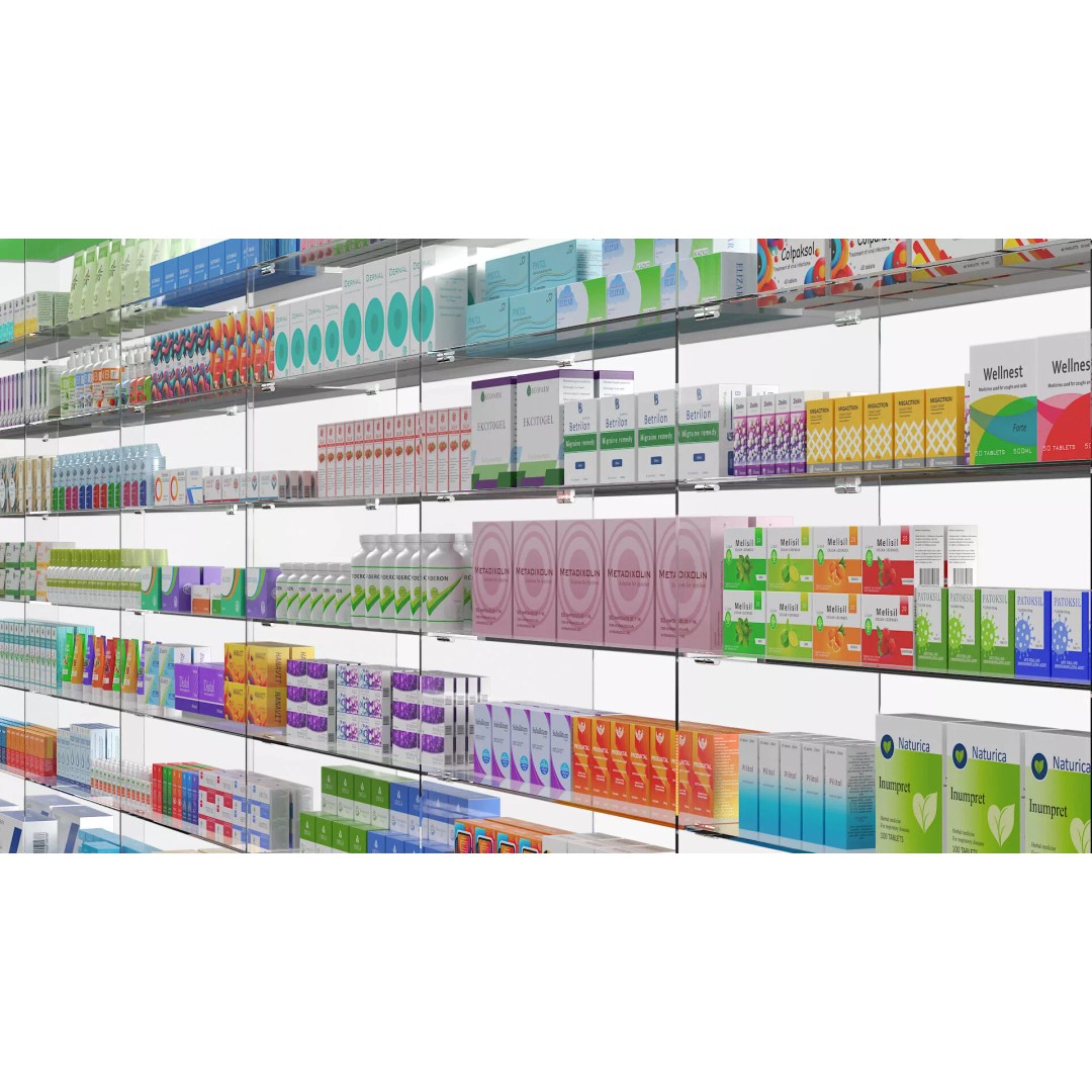 Pharmacy Shelf Unit 3D Model – Retail Display Glass Organizer, FBX - View 8