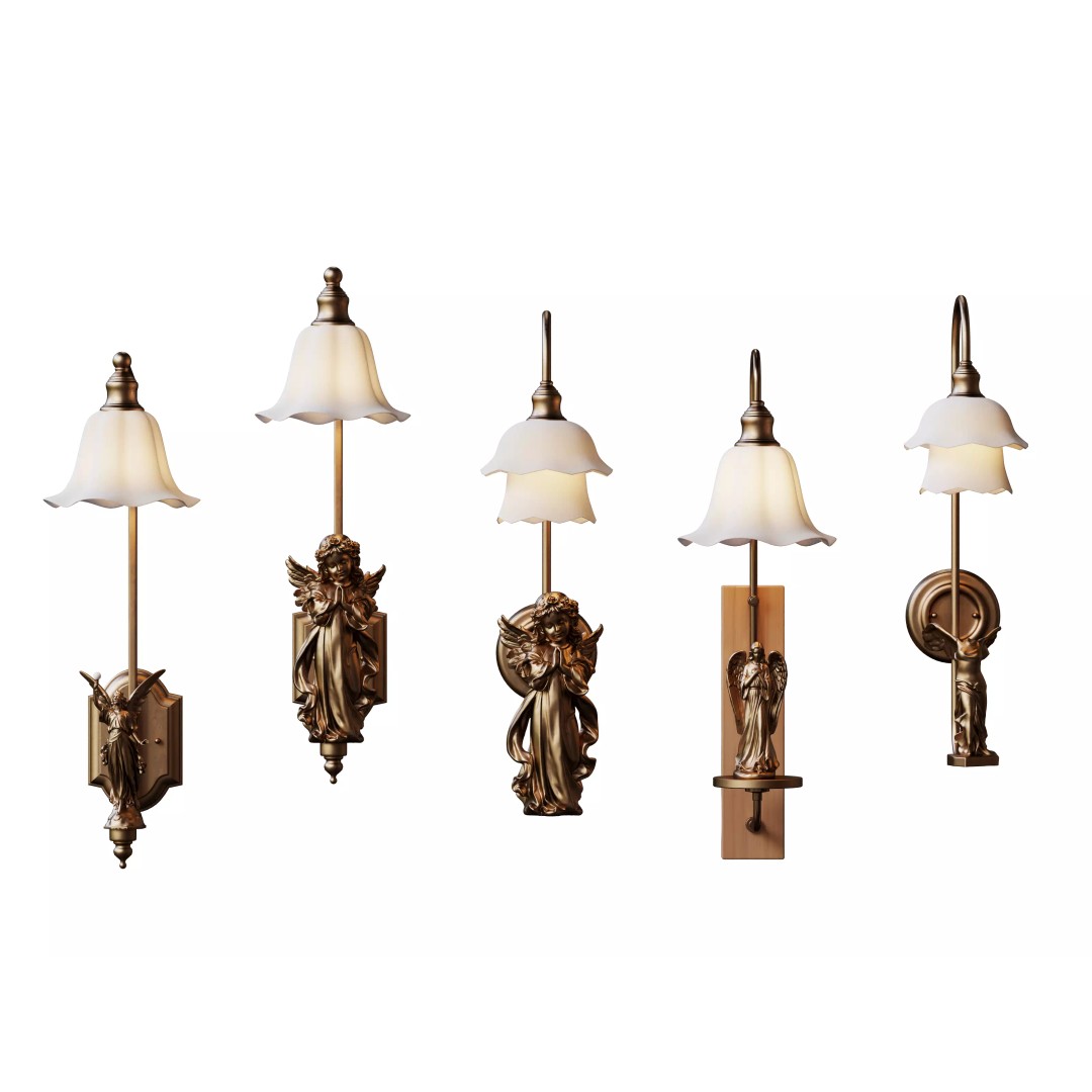Angel Sculpture Wall Sconces 3D Model – Vintage Lighting Set, FBX & OBJ - View 2