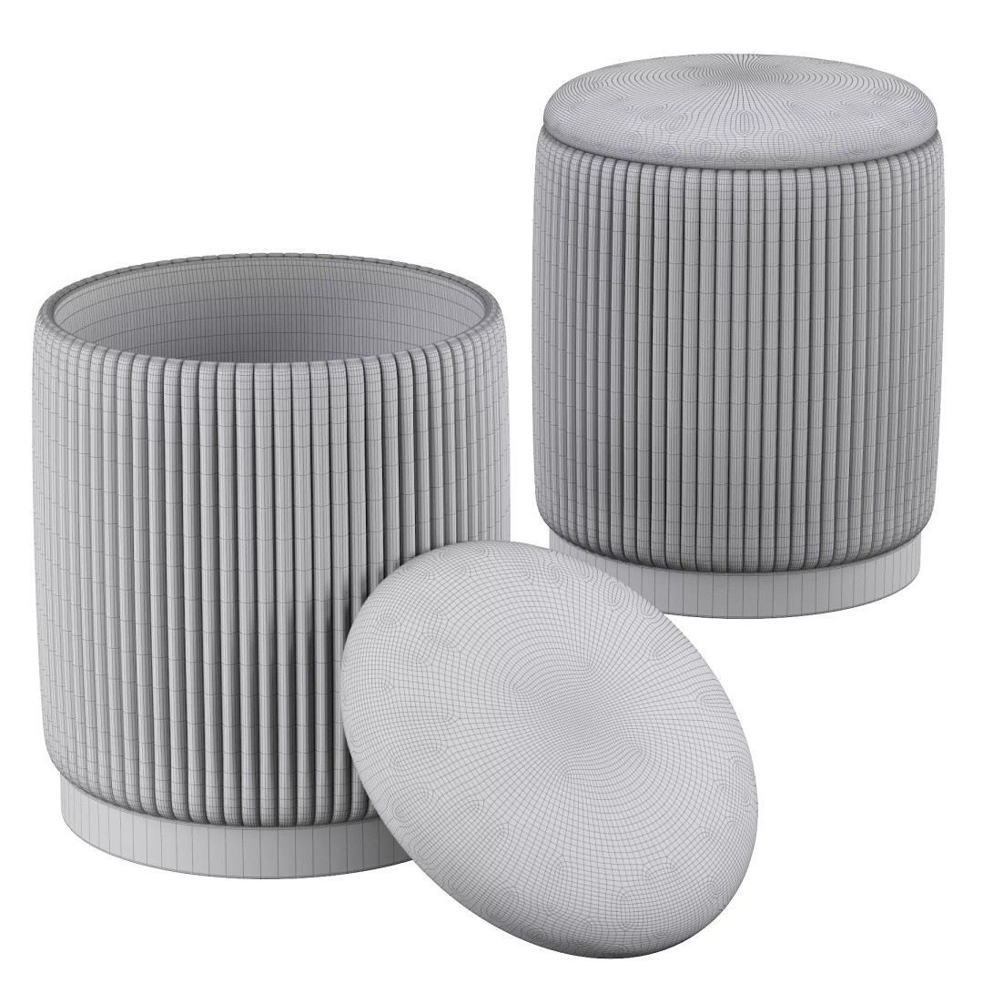 Channeled Grey Storage Ottomans 3D Model – Modern Round Poufs, FBX