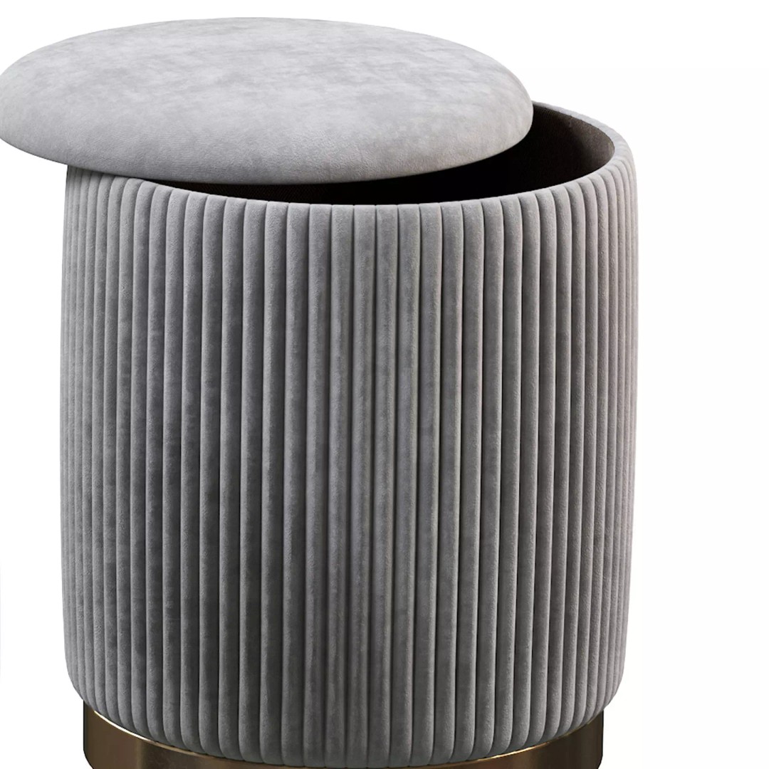 Channeled Grey Storage Ottomans 3D Model – Modern Round Poufs, FBX - View 11