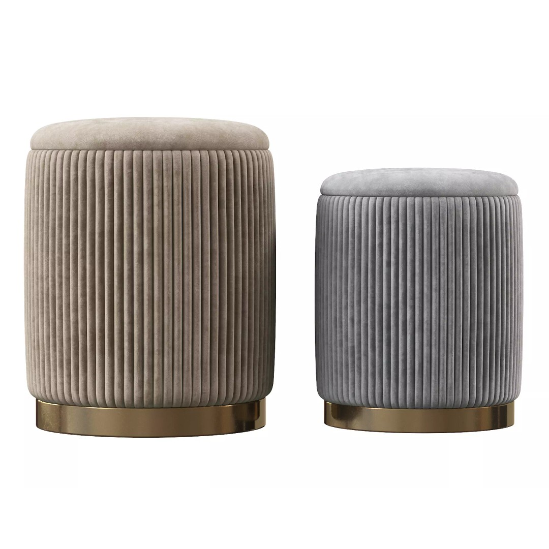 Channeled Grey Storage Ottomans 3D Model – Modern Round Poufs, FBX - View 13