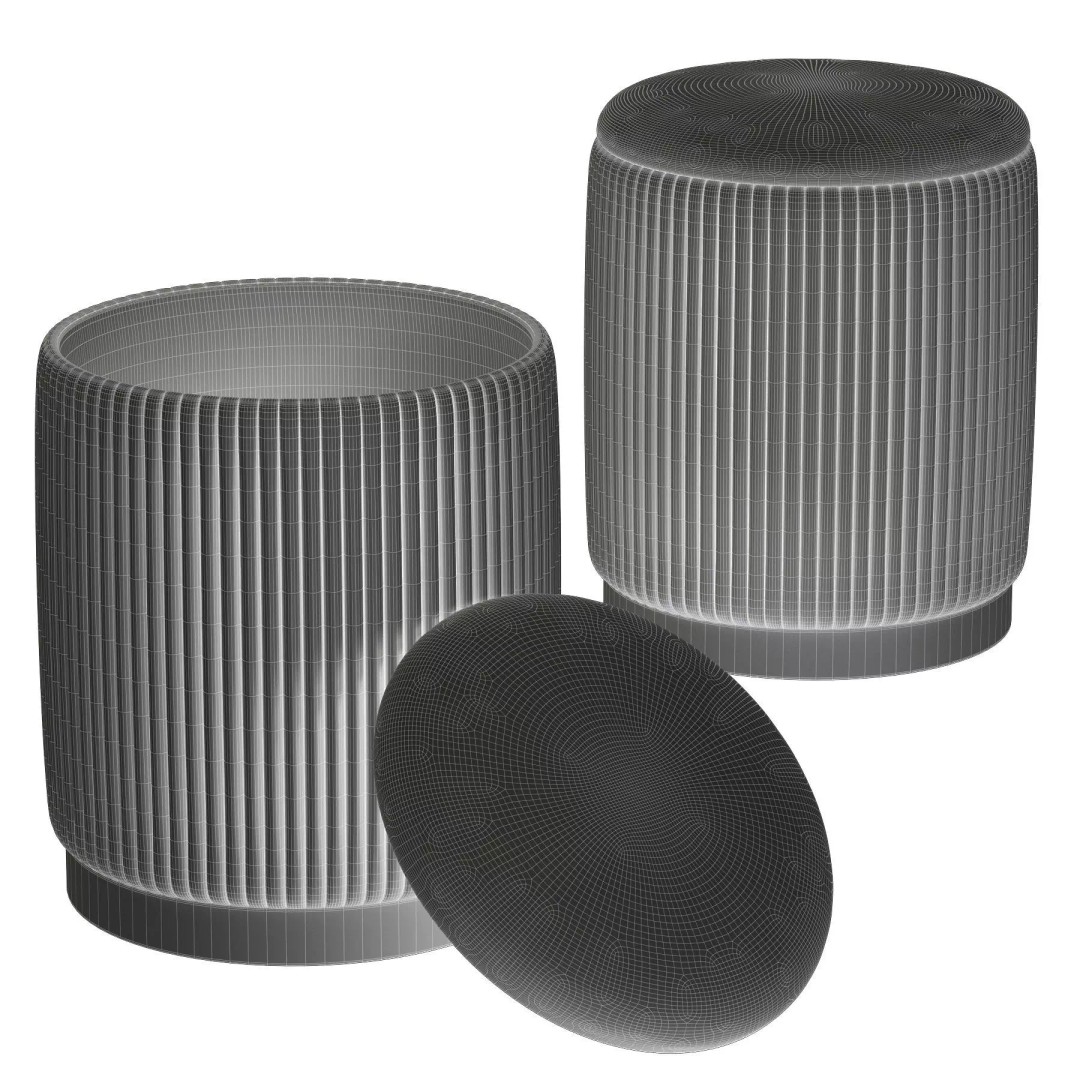Channeled Grey Storage Ottomans 3D Model – Modern Round Poufs, FBX - View 15