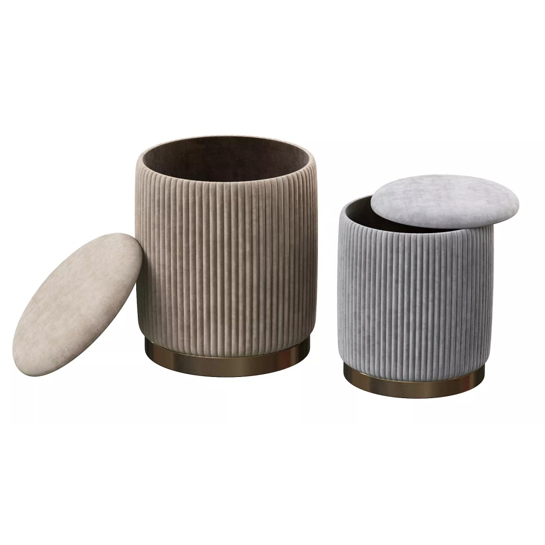 Channeled Grey Storage Ottomans 3D Model – Modern Round Poufs, FBX - View 16