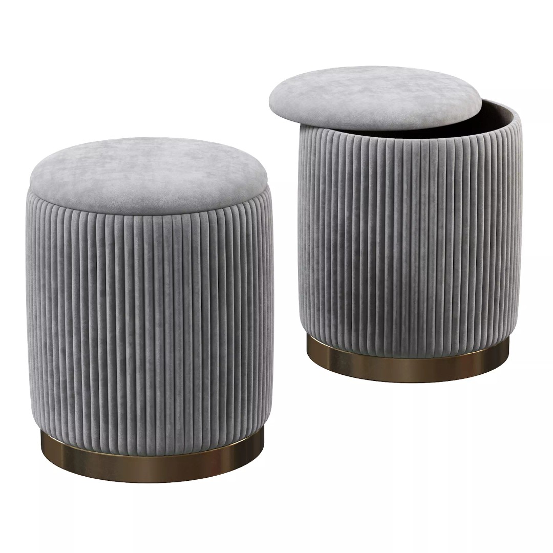 Channeled Grey Storage Ottomans 3D Model – Modern Round Poufs, FBX - View 17