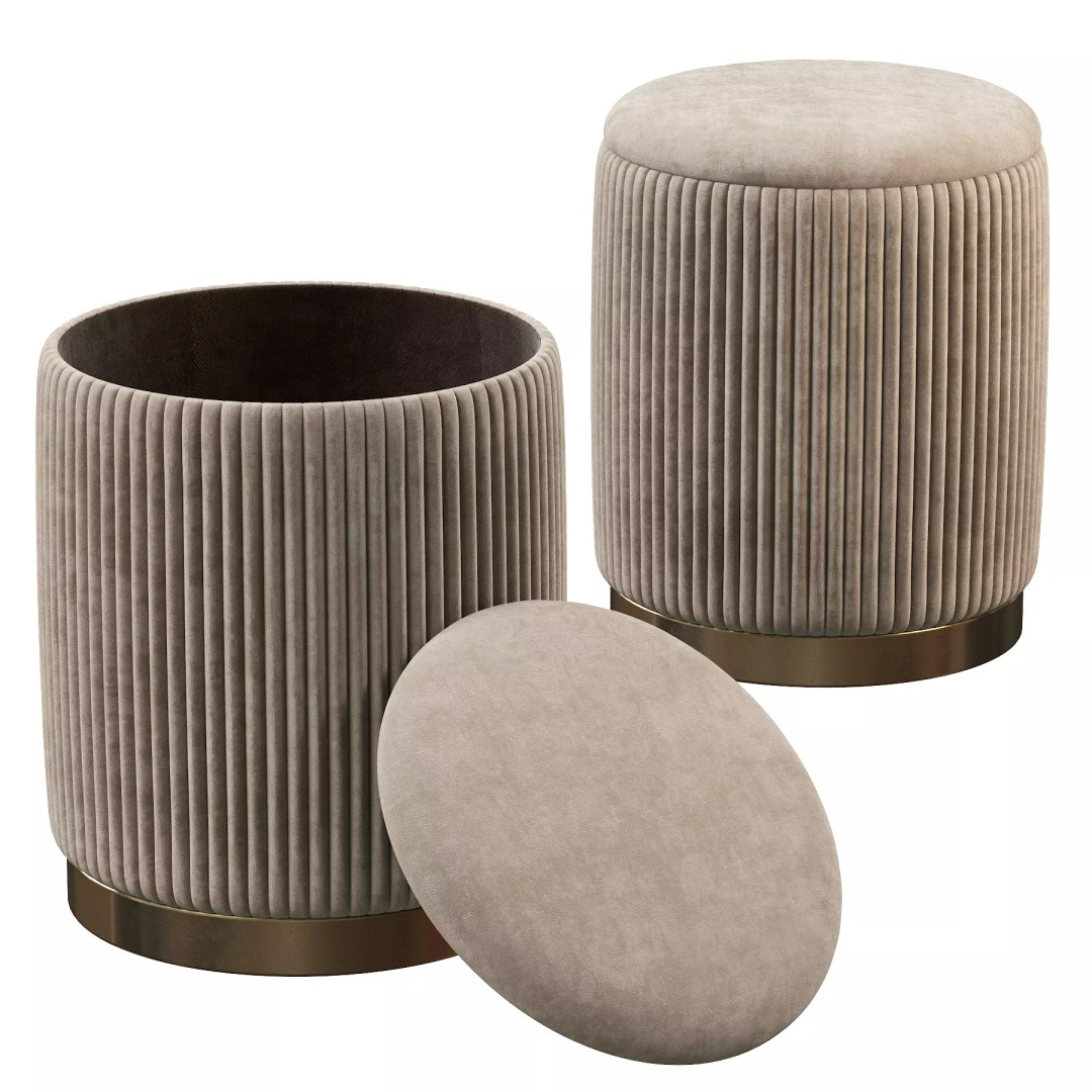 Channeled Grey Storage Ottomans 3D Model – Modern Round Poufs, FBX - View 18