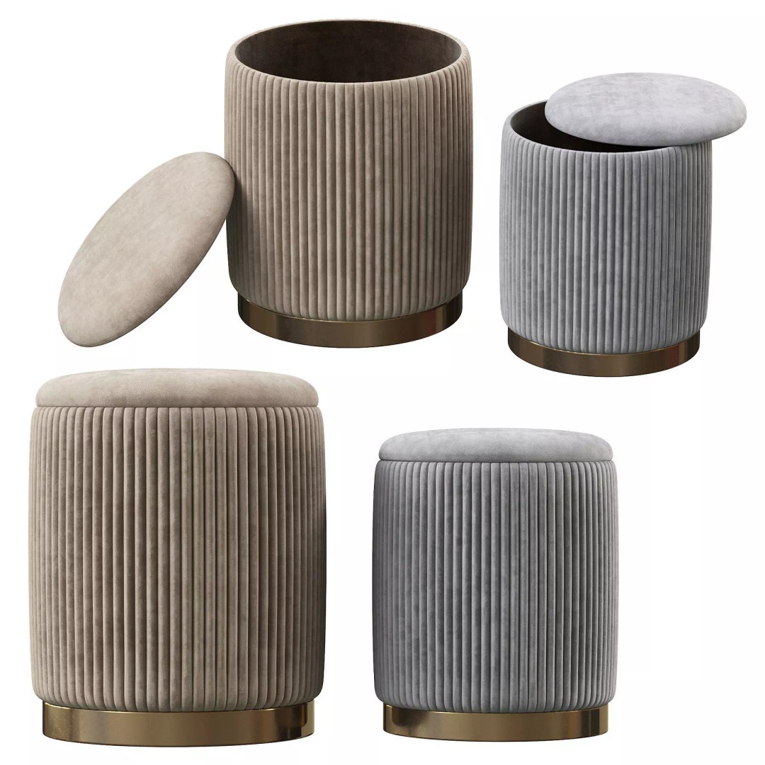 Channeled Grey Storage Ottomans 3D Model – Modern Round Poufs, FBX - View 2