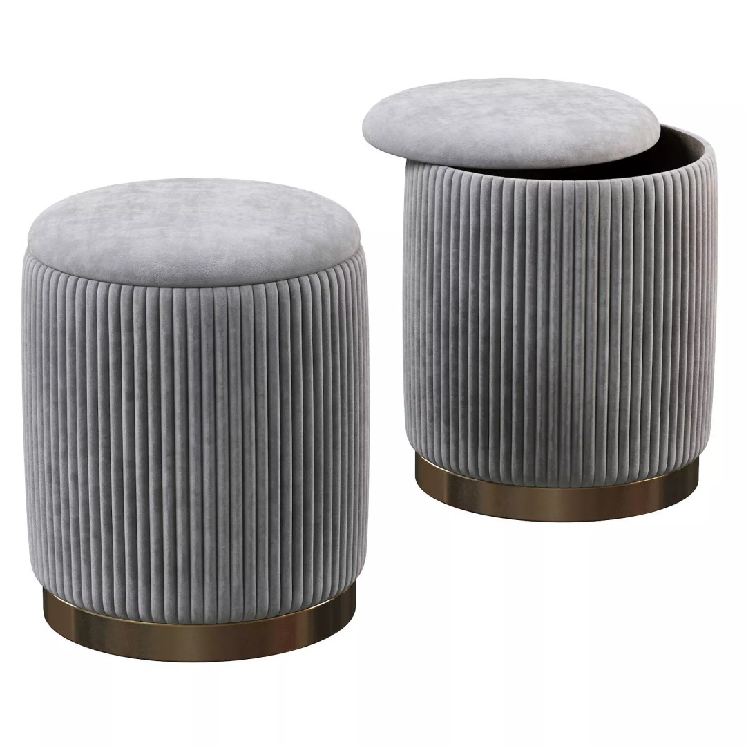 Channeled Grey Storage Ottomans 3D Model – Modern Round Poufs, FBX - View 3