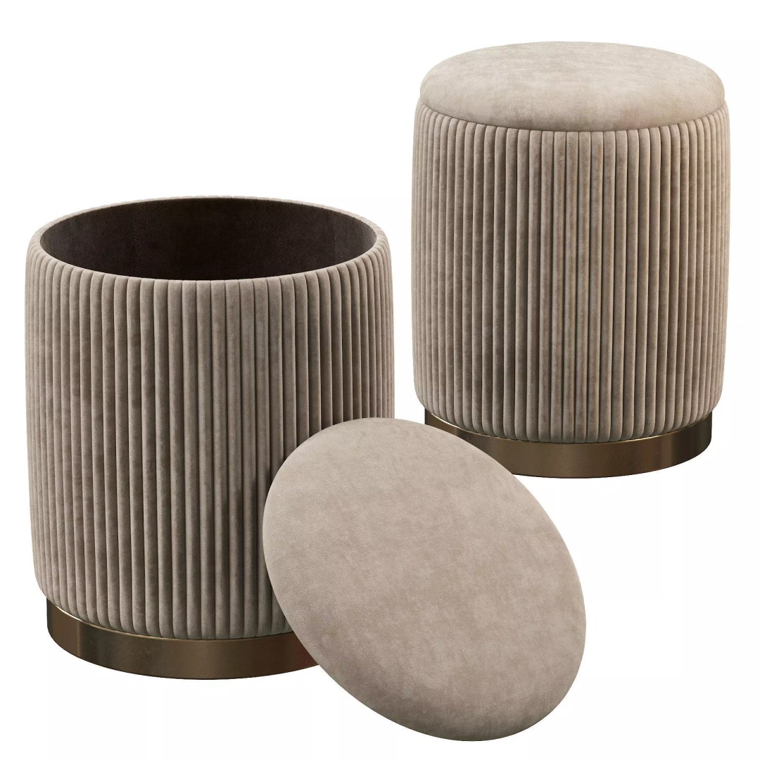 Channeled Grey Storage Ottomans 3D Model – Modern Round Poufs, FBX - View 4