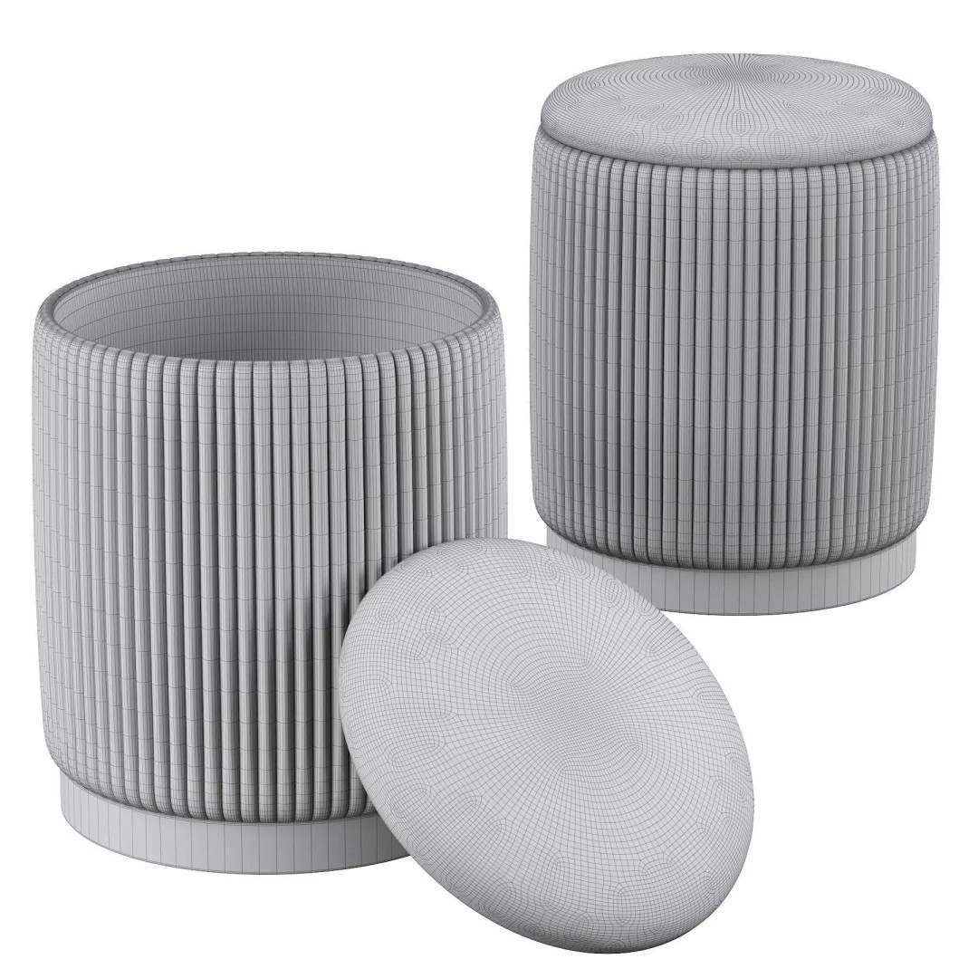 Channeled Grey Storage Ottomans 3D Model – Modern Round Poufs, FBX - View 5