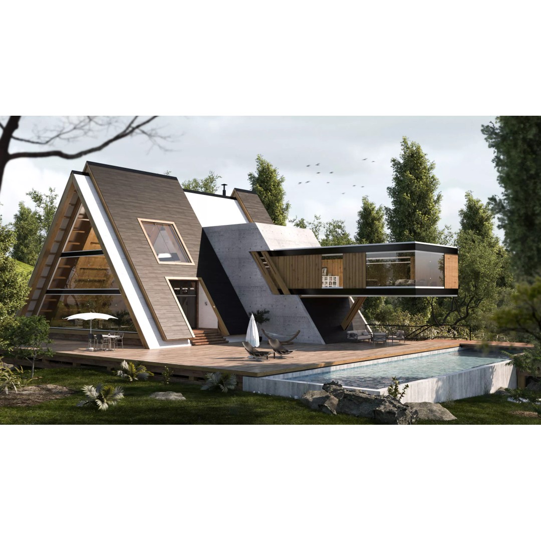 Forest House 3D Model – Villa Exterior Scene, Game-Ready FBX - View 2