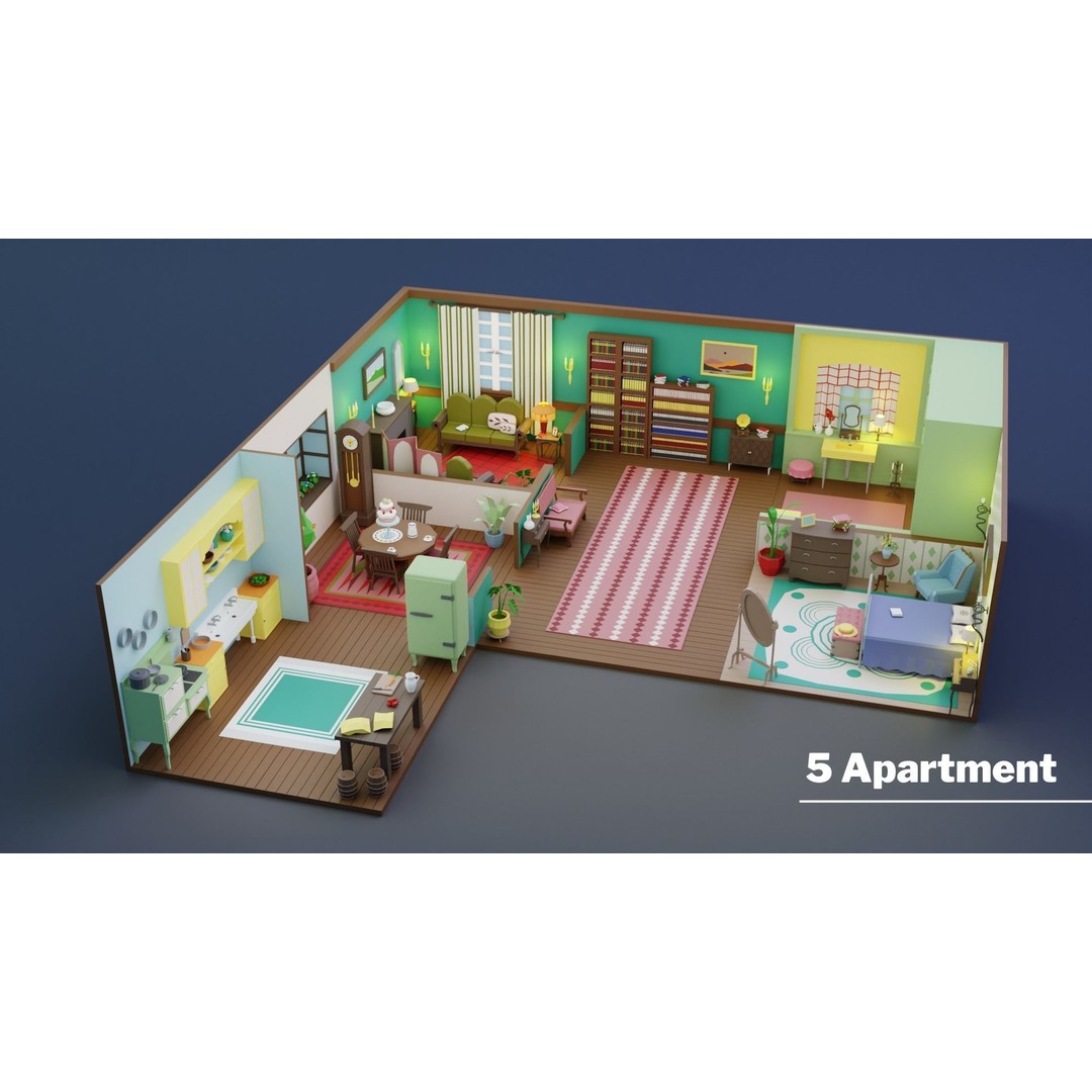 Low Poly Retro Apartments 3D Model – Game Ready Interior Pack, FBX - View 11