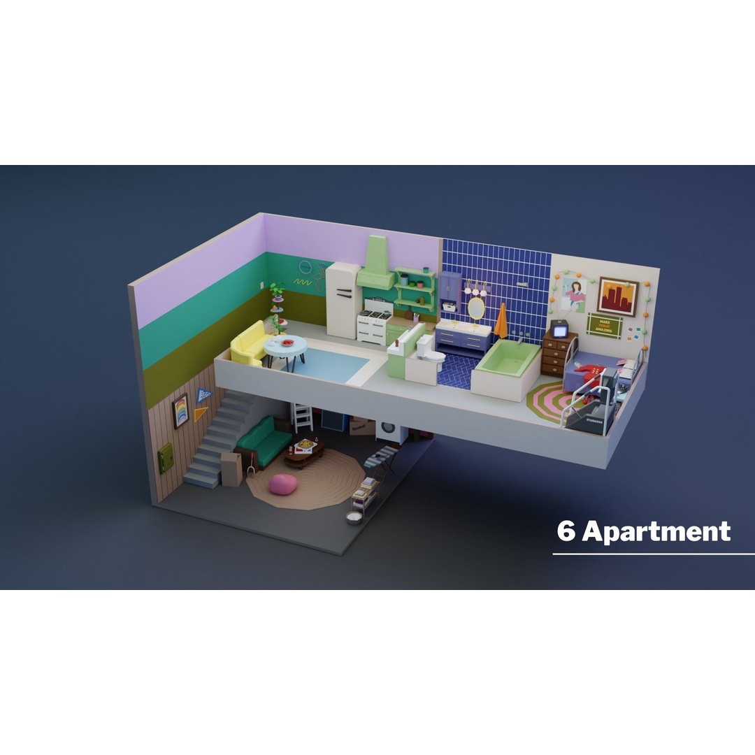 Low Poly Retro Apartments 3D Model – Game Ready Interior Pack, FBX - View 13